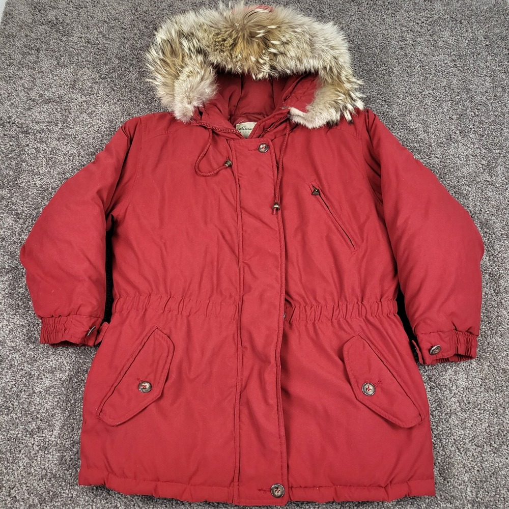 Eddie Bauer Women Premier Polar Parka Goose Down Coyote Fur Jacket Size M Petite